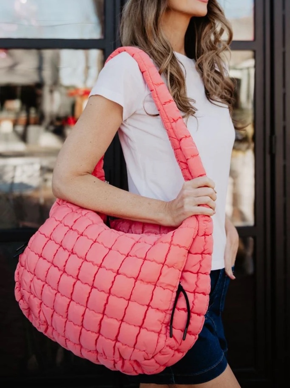 Quilted Shoulder Hobo Bag - Coral Pink